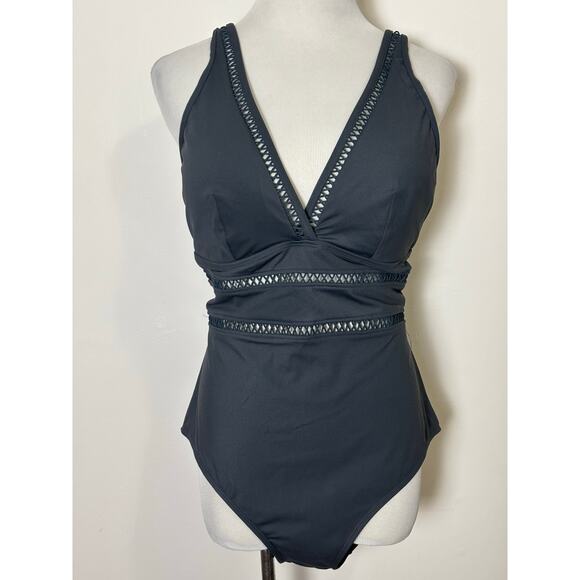 Sea Level Swim Womens One Piece Swimsuit Size 14 Lola Charcoal Black V Neck NWOT - Picture 1 of 9